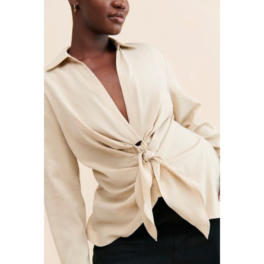 Eloquii Beige Tie-Front Blouse Size 32 Long-Sleeve Women Work, Career